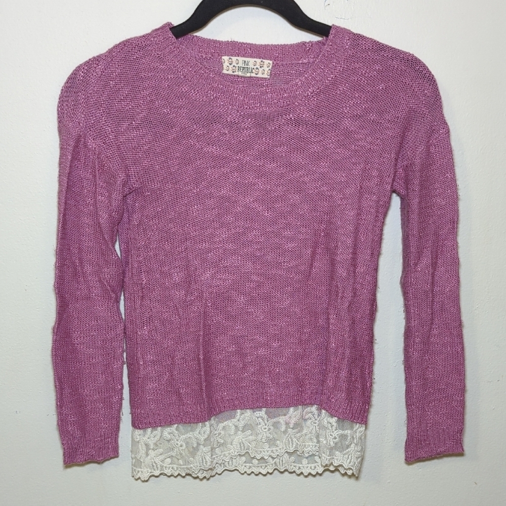 Pink Republic Pink Chenille Crewneck Sweater with Lace Hem Girls Size S 7